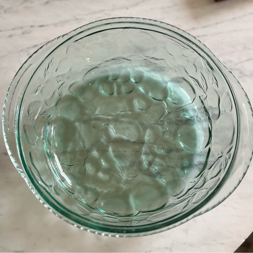 Vintage Libbey green glass casserole dish base - orchard fruit embossed pattern